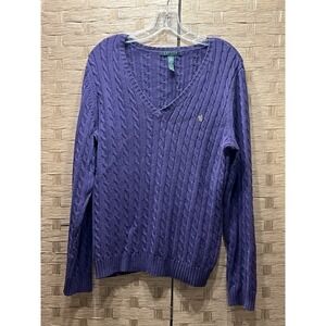 Lauren Ralph Lauren Women's Cable-knit Sweater Purple V-neck Sz L Good Condition